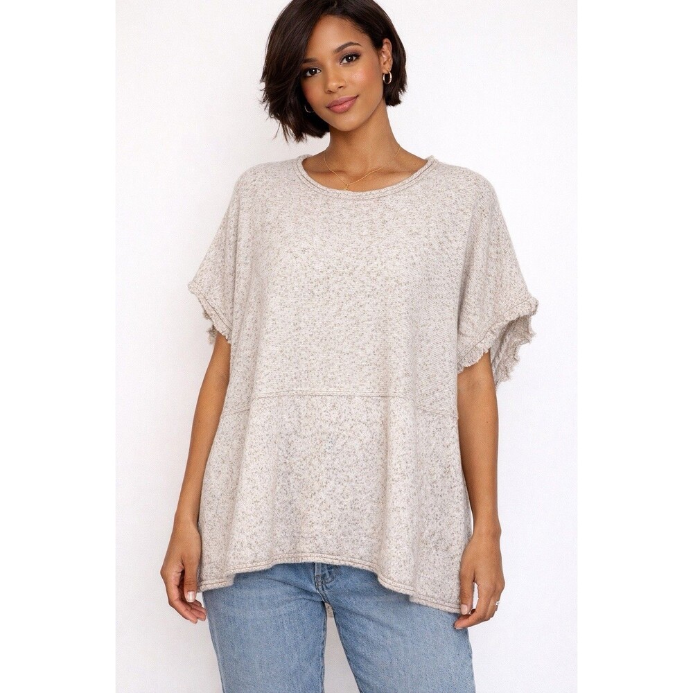 J. Jill PureJill 100% Cotton Short Sleeve Boxy Knit Top Beige Size M Petite EUC!